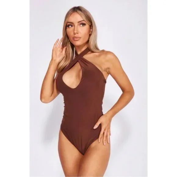 Brown Sleeveless Halter Neck Open Back Backless Bodycon Bodysuit Leotard Top - Picture 12 of 16